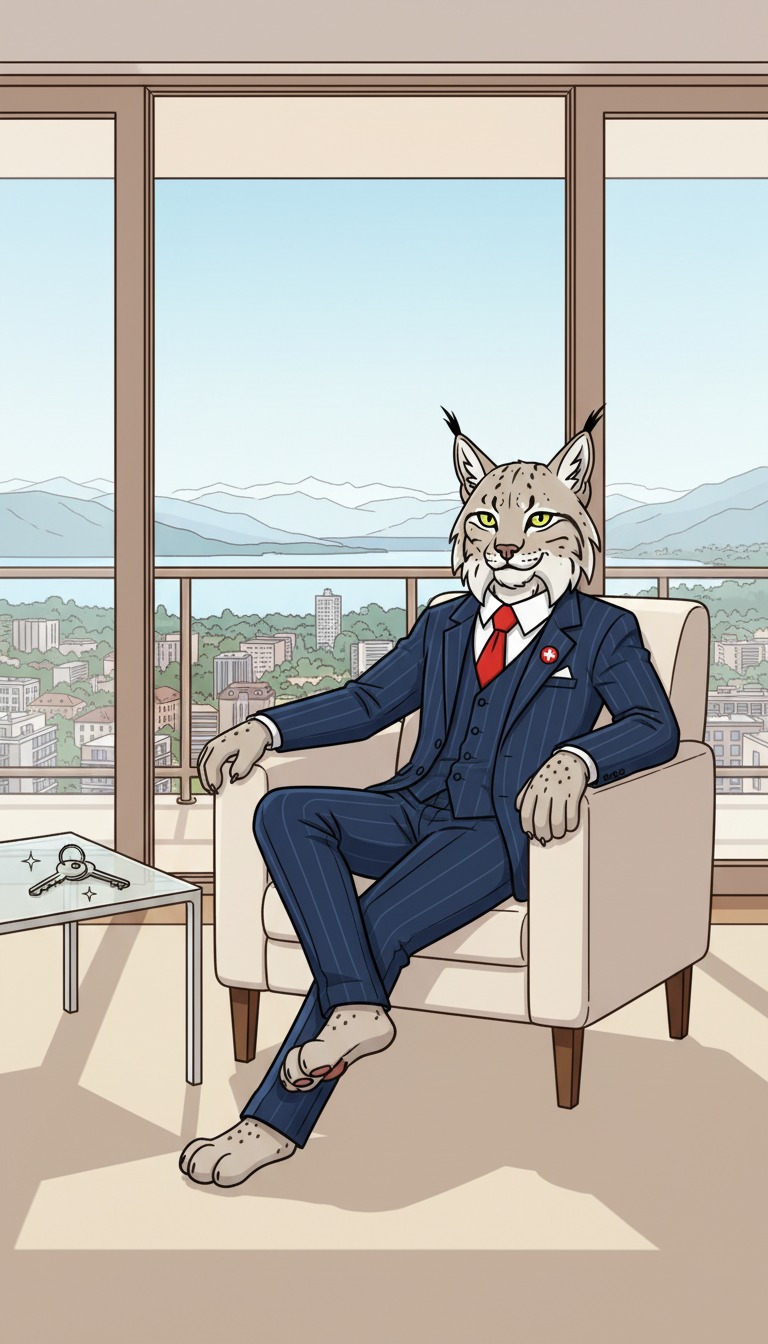 Le lynx, posé dans un fauteuil avec vue sur le lac